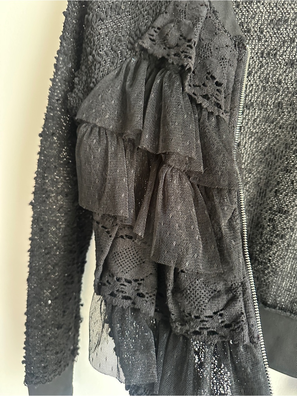 Black Ruffled Zip-Front Cardigan Jacket - Picture 2 of 4
